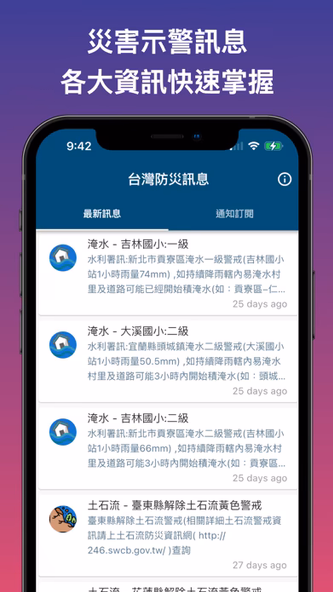 台灣防災訊息-即時通報訂閱系統 Screenshot 1 - AppWisp.com 台灣防災訊息-即時通報訂閱系統 Screenshot 1 - AppWisp.com