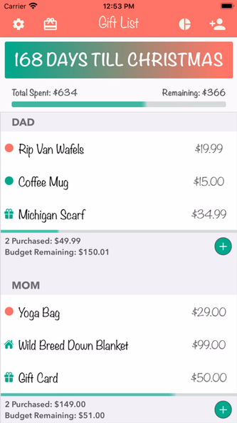 Christmas Gift List Tracker Screenshot 1 - AppWisp.com Christmas Gift List Tracker Screenshot 1 - AppWisp.com