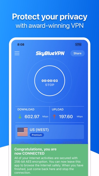 SkyBlueVPN: VPN Fast & Secure Screenshot 1 - AppWisp.com SkyBlueVPN: VPN Fast & Secure Screenshot 1 - AppWisp.com