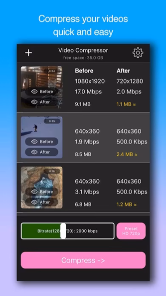 Video Compressor-Shrink videos Screenshot 1 - AppWisp.com Video Compressor-Shrink videos Screenshot 1 - AppWisp.com